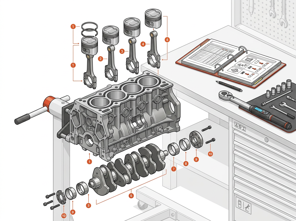 Technical engine assembly workspace illustration with engine parts, torque wrench, and checklist sheets