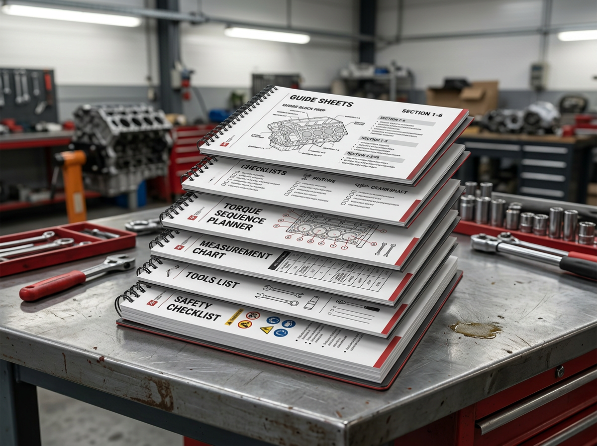Mockup of the six resources included in the Car Kit FR engine assembly starter pack